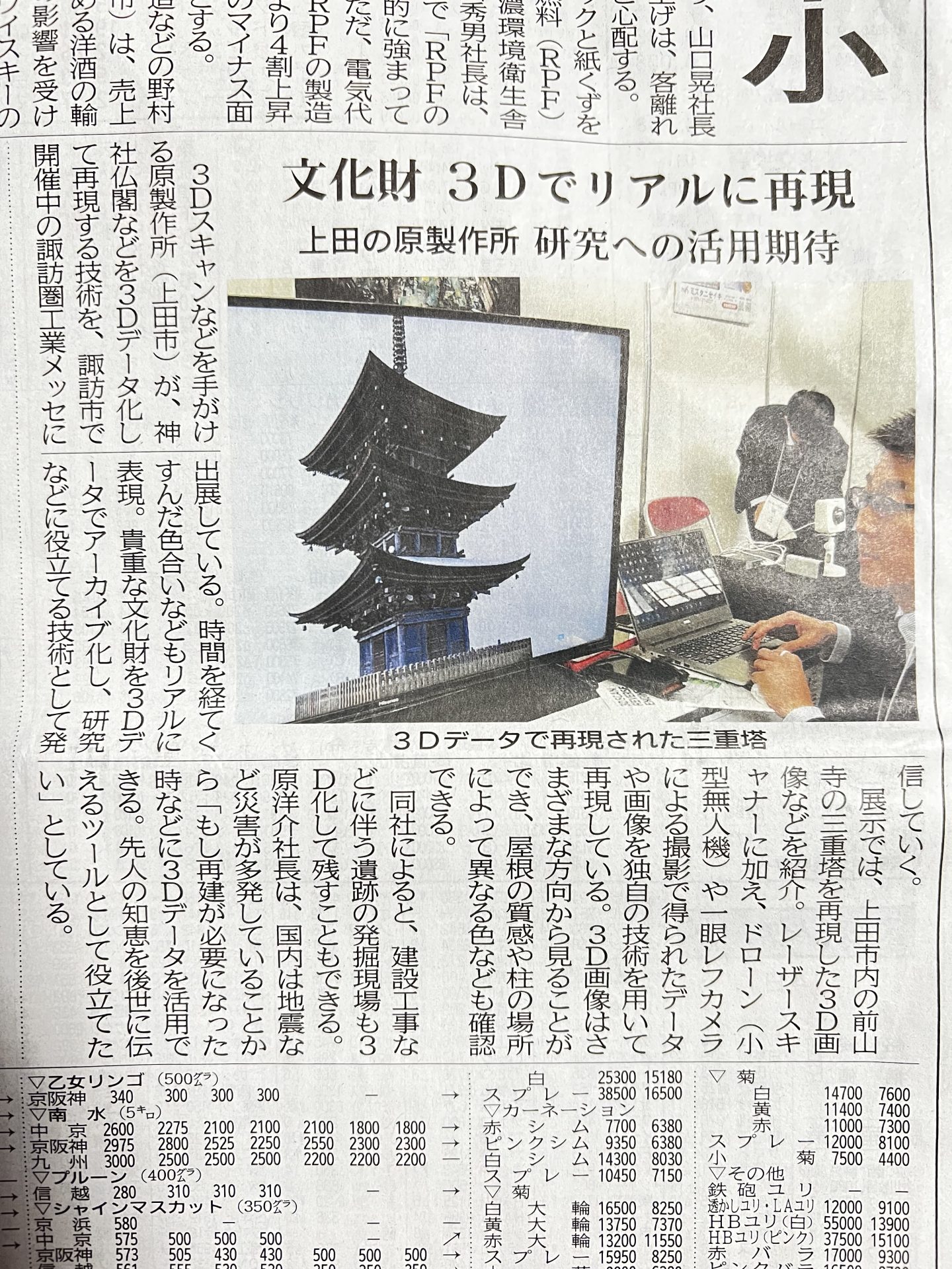 重要文化財をカラー３Dスキャンが新聞に掲載されました。